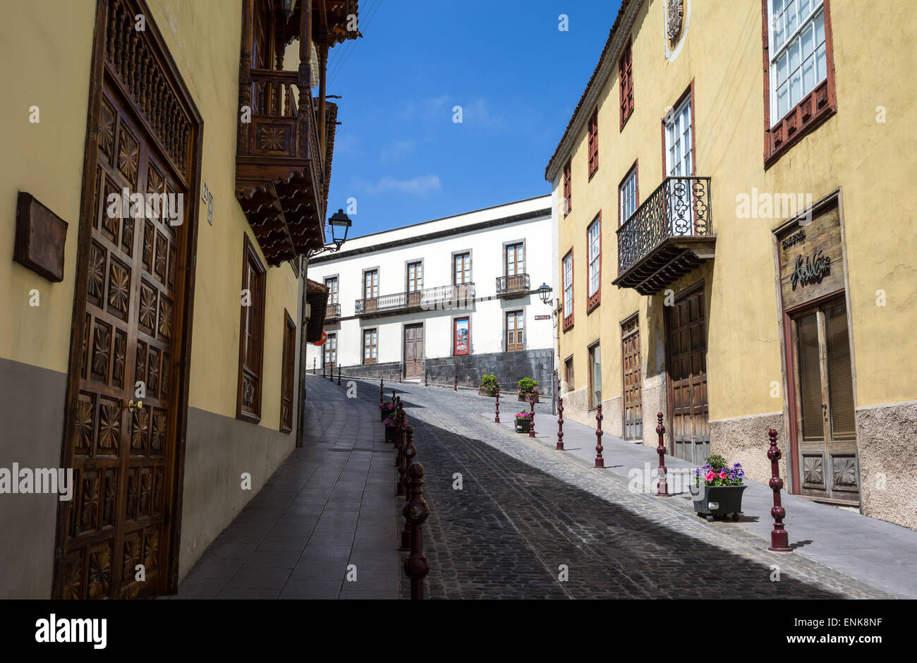 Tenerife, La Orotava, traditional colored houses in the old town center Stock Photo