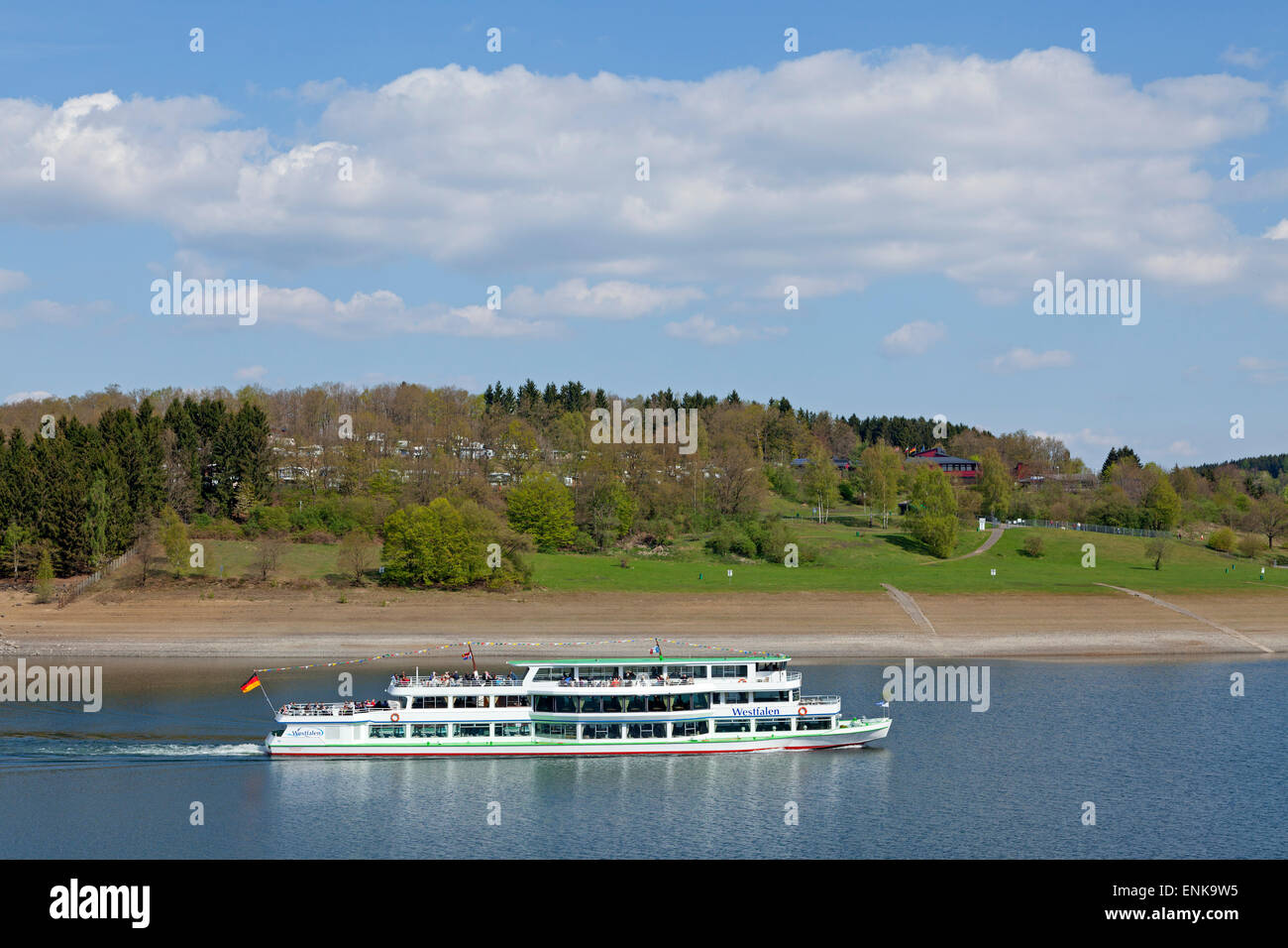 excursion boat on Bigge water reservoir near Sondern, Sauerland, North Rhine-Westphalia, Germany Stock Photo