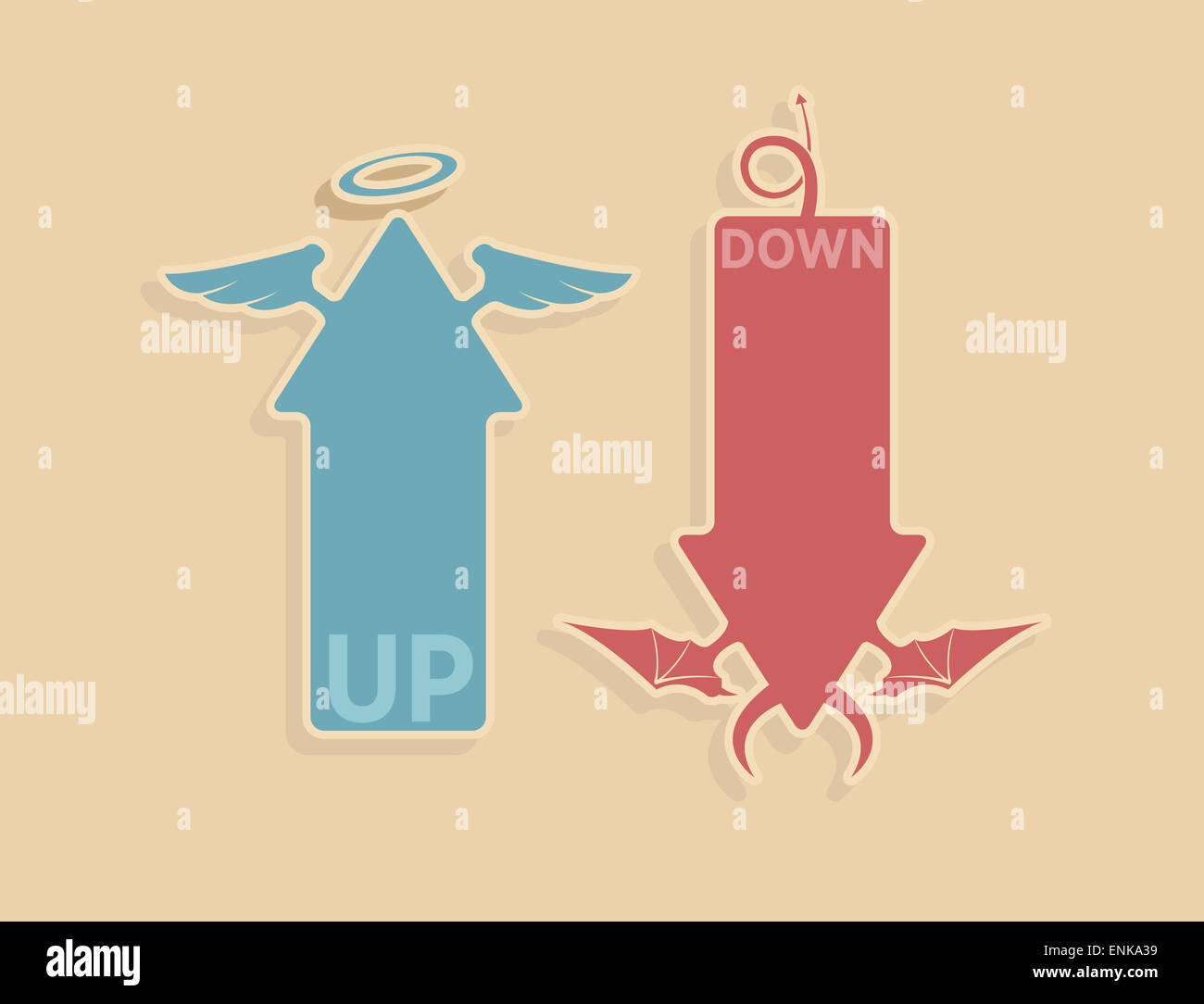 Heaven or hell - two sign posts pointing in opposite directions, one  upwards to paradise the other one downwards for the the bad, evil, wicked,  sinful people. Isolated vector over white. Stock