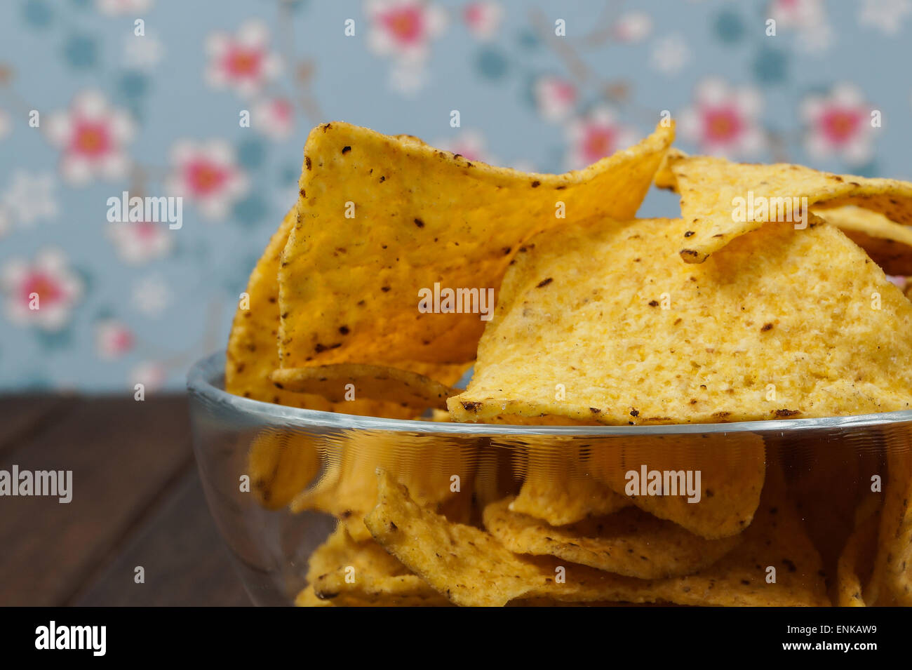 Glass bowl with tortilla chips made from corn Stock Photo Alamy