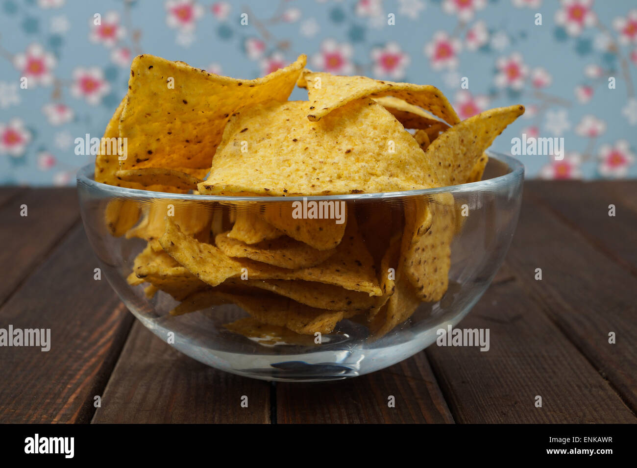Glass bowl with tortilla chips made from corn Stock Photo Alamy