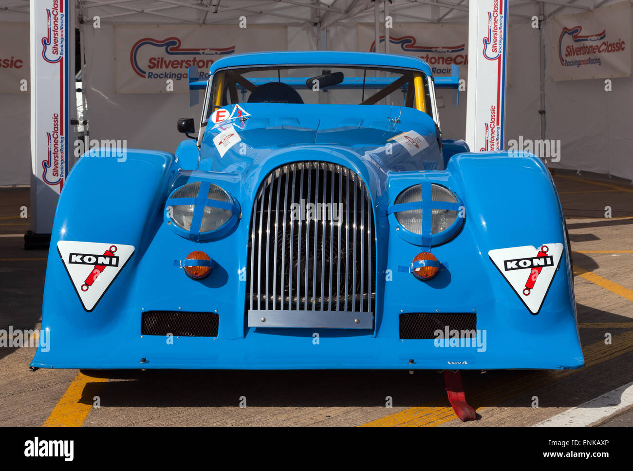 Front view of a classic Morgan Race Car, on static display in the international Paddock, the Silverstone Classic Media Day. Stock Photo