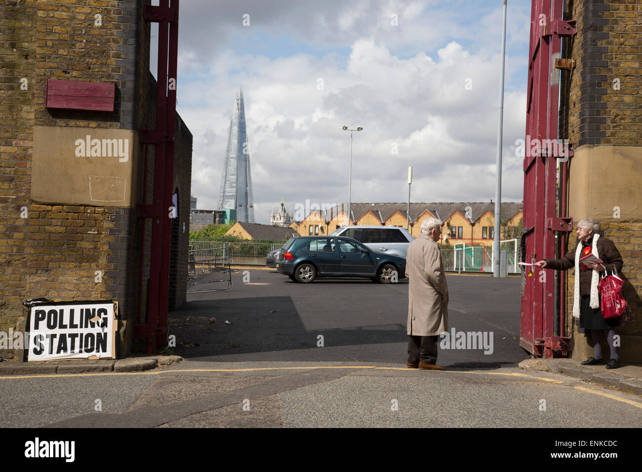 London, UK. 7th May, 2015. Voters attending a polling station at John Orwell Leisure Centre in the constituency of  Poplar and Limehouse in East London on the day of the general election. This is a Labour Party seat, although this electin is set to be one of the most hotly contested in a generation. Credit:  Michael Kemp/Alamy Live News Stock Photo