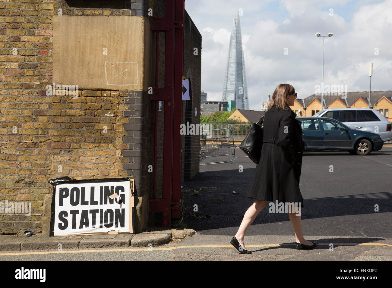 London, UK. Thursday 7th May 2015. Voters attending a polling station at John Orwell Leisure Centre in the constituency of  Poplar and Limehouse in East London on the day of the general election. This is a Labour Party seat, although this electin is set to be one of the most hotly contested in a generation. Stock Photo