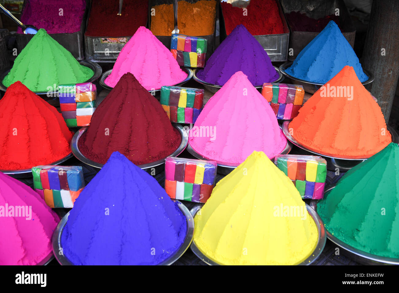 Vibrant paint colors on a paint market in Mysore, South India Stock