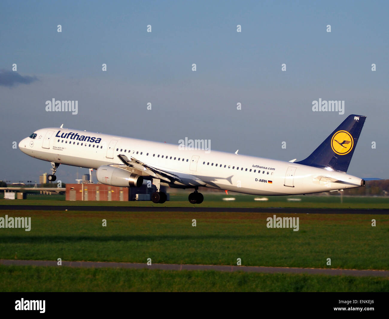 D-AIRN Lufthansa Airbus A321-131 takeoff from Polderbaan, Schiphol (AMS - EHAM) at sunset, Stock Photo