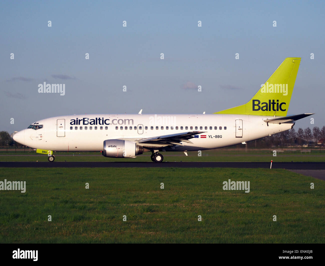 YL-BBQ Air Baltic Boeing 737-522 - cn 26691 takeoff from Polderbaan, Schiphol (AMS - EHAM) at sunset, Stock Photo