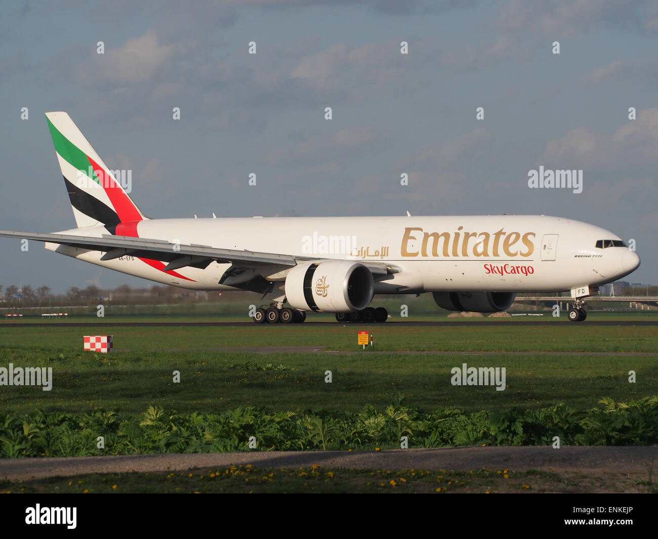 A6-EFD Emirates Boeing 777-F1H taxiing on the Polderbaan, Schiphol (AMS - EHAM), Stock Photo