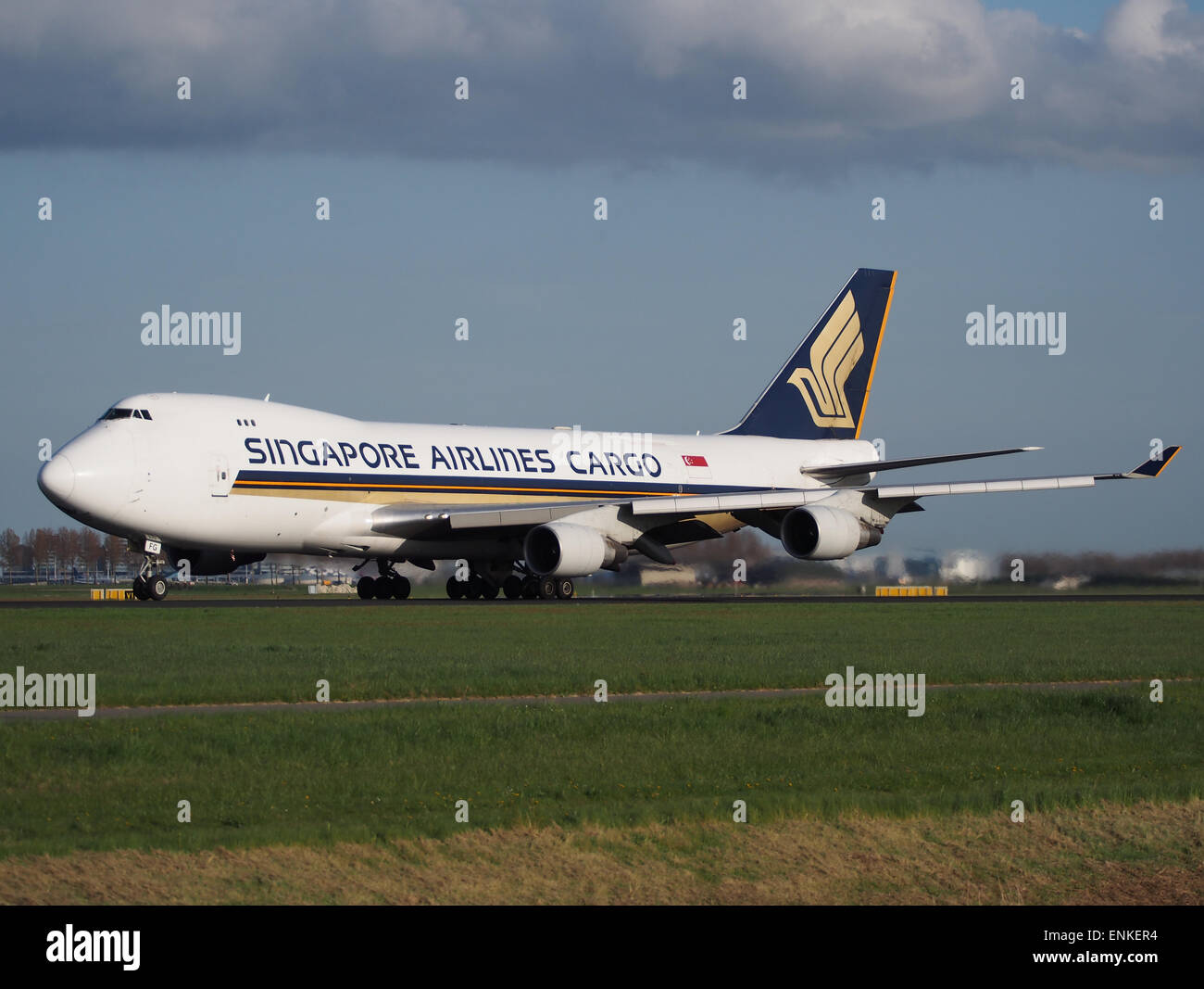 9V-SFG Singapore Airlines Cargo Boeing 747-412F takeoff from Polderbaan, Schiphol (AMS - EHAM) at sunset, Stock Photo