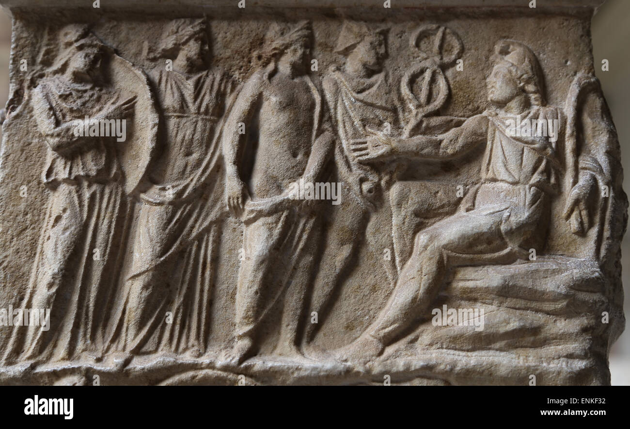 Ara Casali. Altar dedicated by Tiberius Claudius Faventinus. Scene: Judgement of Paris. 2nd C. AD. Octogonal Court. Stock Photo