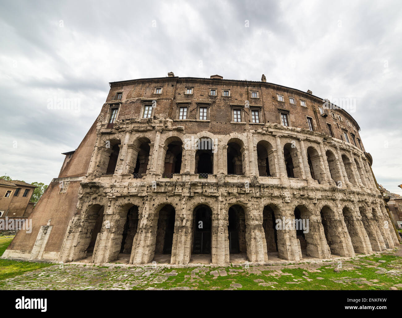 Front wide angle view of Theatre of Marcellus ruins in Rome city centre
