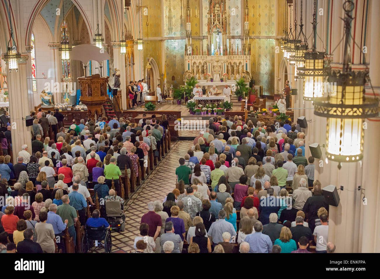 Detroit, Michigan - A 'mass mob' fills Ste. Anne de Detroit Catholic Church for Sunday morning mass. Stock Photo