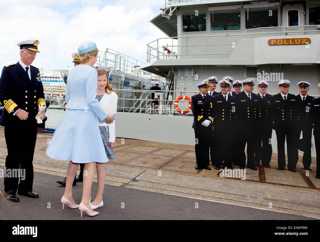 Queen Mathilde of Belgium, Crown Princess Elisabeth and King Philippe - Filip of Belgium  attend the christening of navy ship P902 patrol Pollux at the naval base in Zeebrugge, Belgium, 06 May 2015. Photo: Albert Nieboer/RPE/NETHERLANDS OUT - NO WIRE SERVICE - - NO WIRE SERVICE - Stock Photo