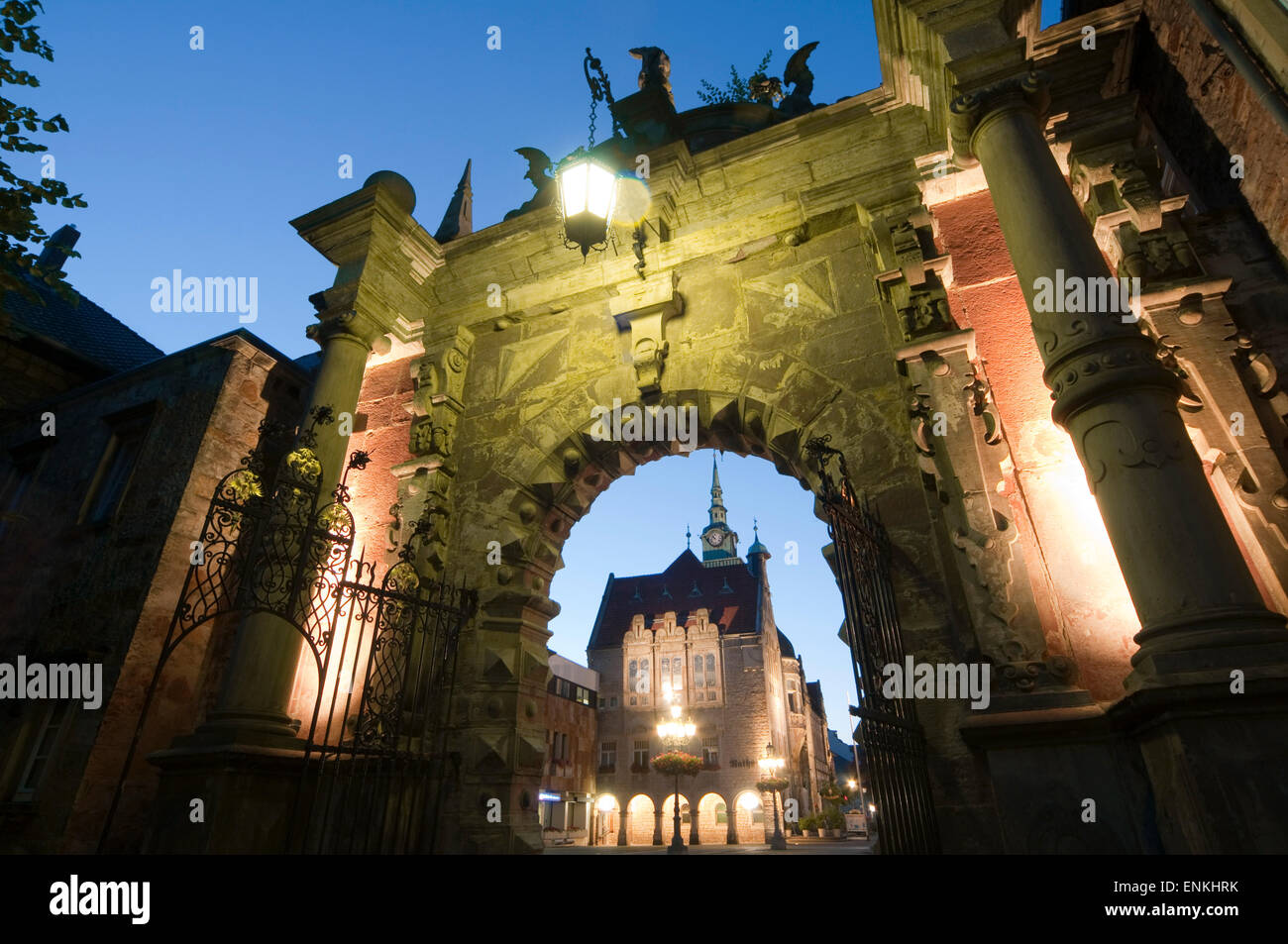 Big gate, Schloss Bueckeburg at dusk, Weserbergland, Lower Saxony, Germany Stock Photo