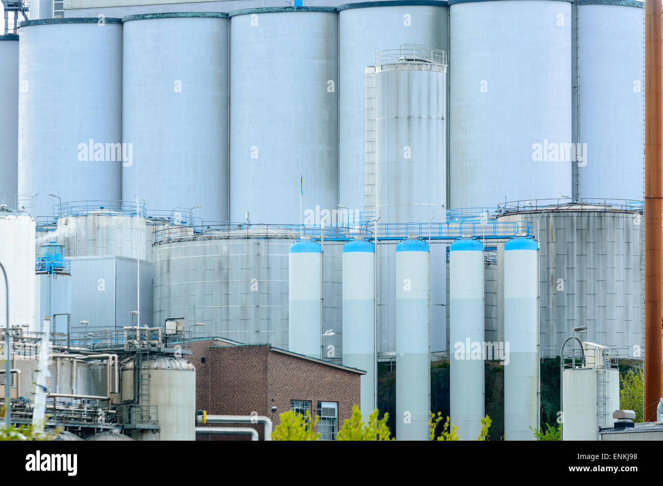 Gigantic silos on an industrial site. All are grey and some have blue tops. Almost form a solid background of metal. Stock Photo