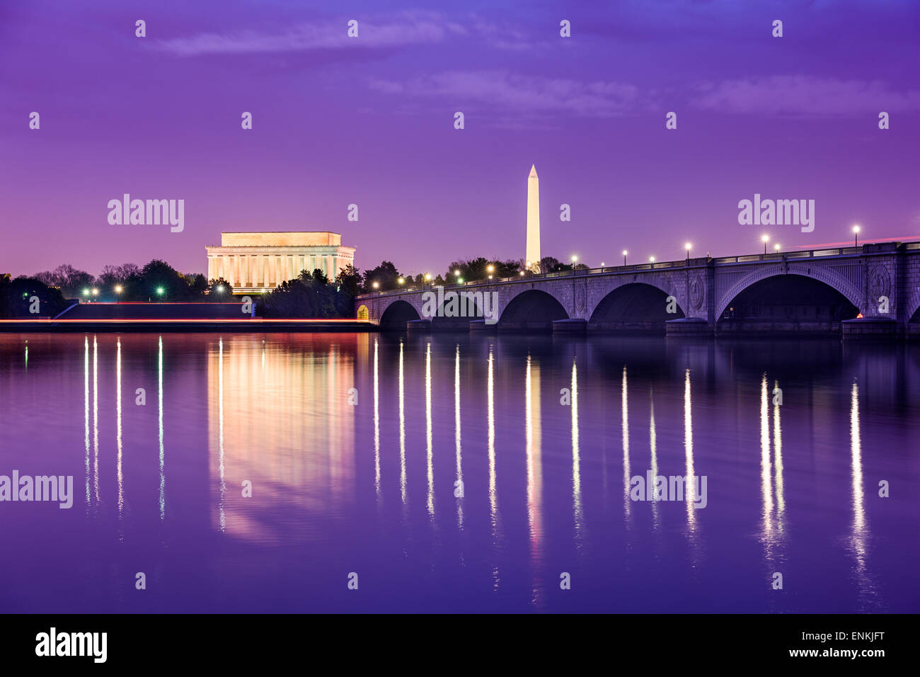 Washington, DC monuments on the Potomac River. Stock Photo