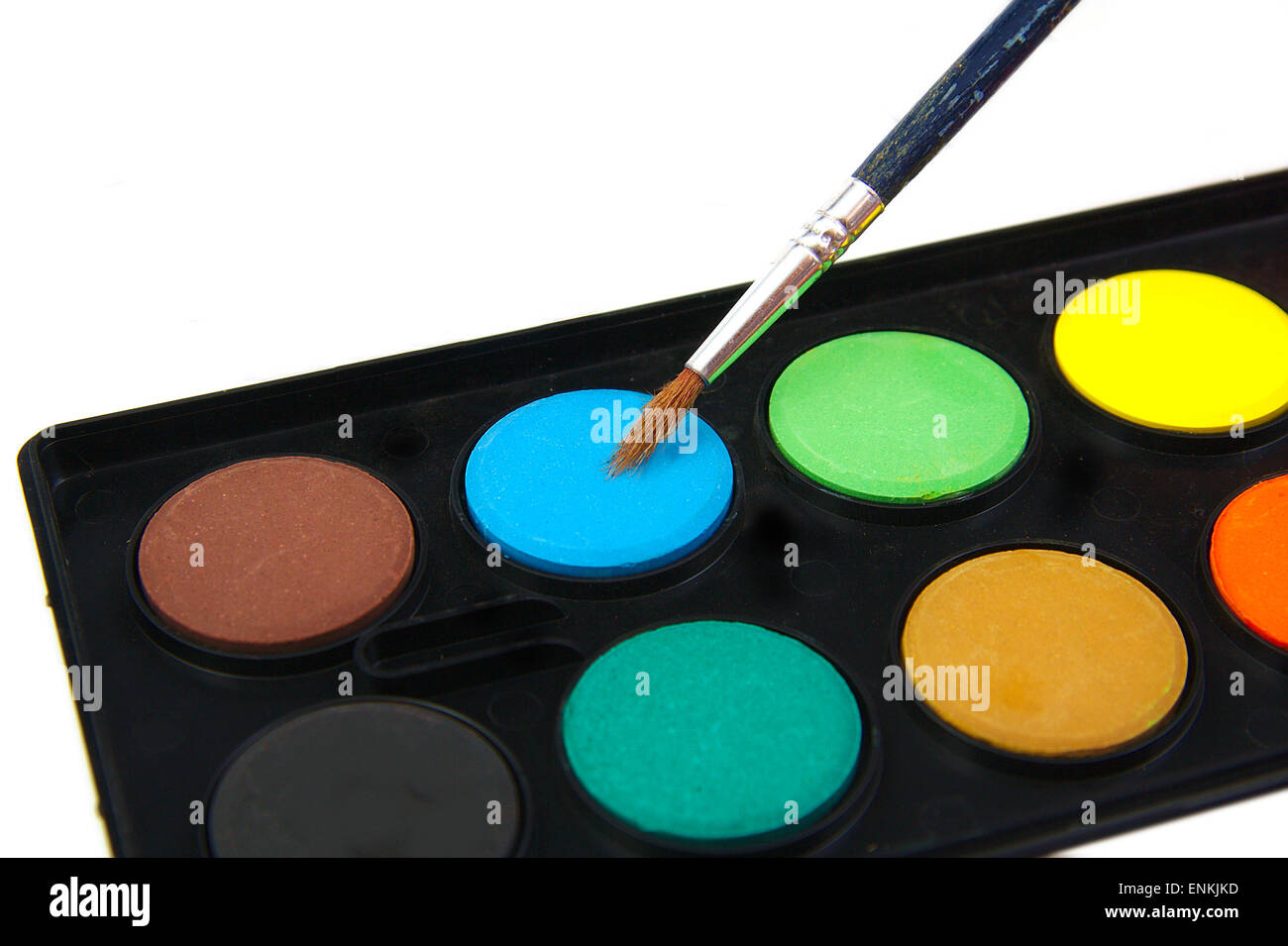 Watercolor blue paint and brush on white background Stock Photo - Alamy