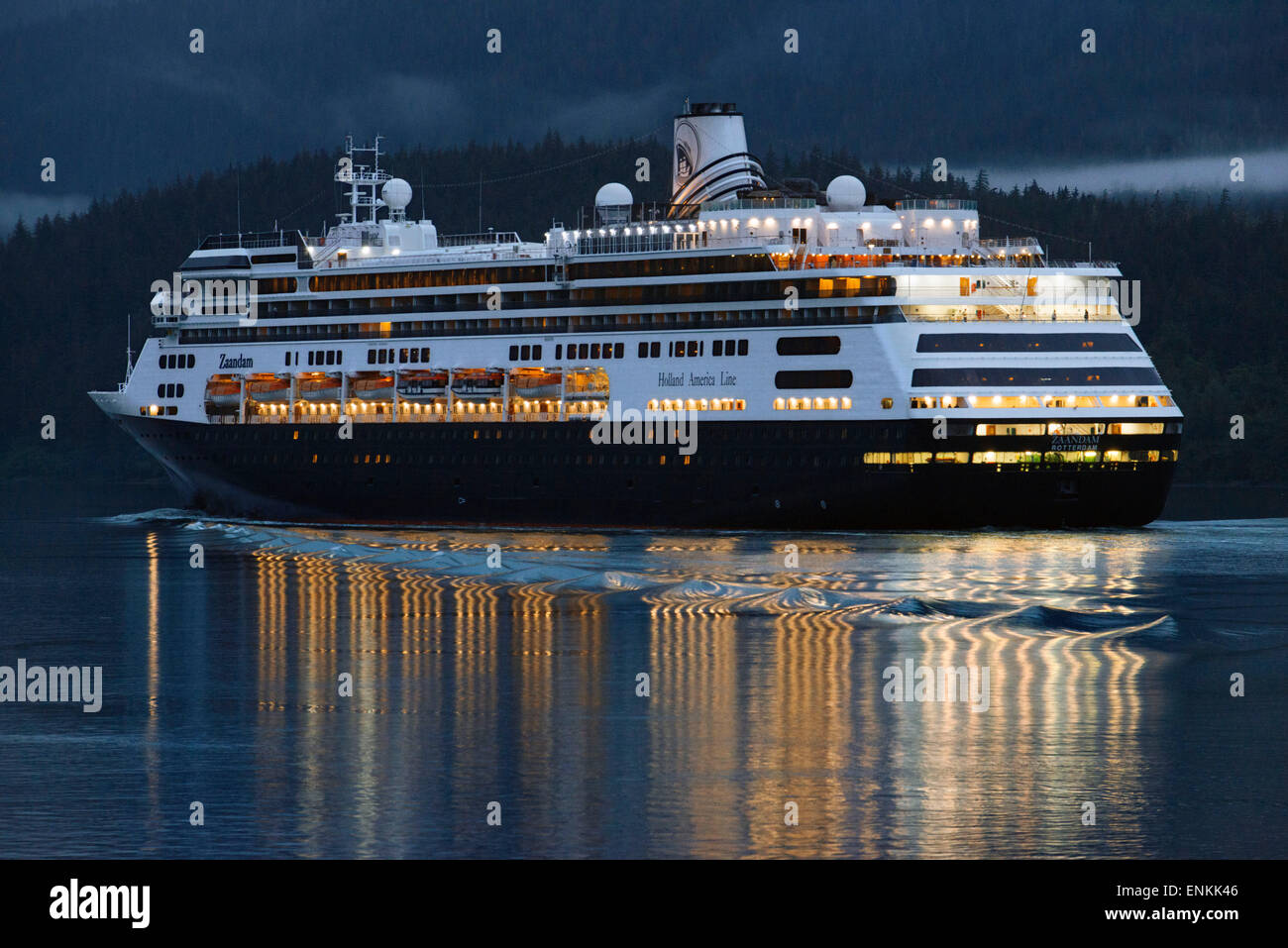 Zaandam, sailing near the South Franklin dock, at night, Juneau, Alaska. Designed to carry fewer guests while providing more spa Stock Photo