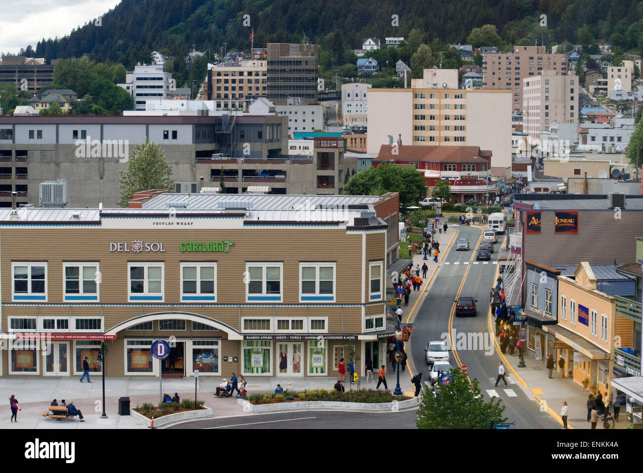 Juneau downtown, from the Mount Roberts Tramway. Alaska. USA. Diferents shops and stores in Juneau. South Franklin Street. The C Stock Photo