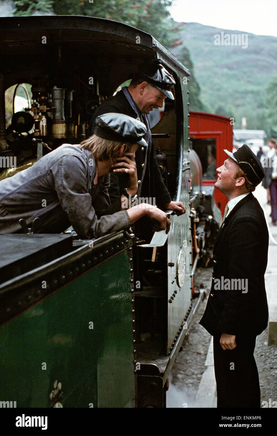 Steam train at a station on the Ffestiniog Railway, Wales, UK 1970s Stock Photo