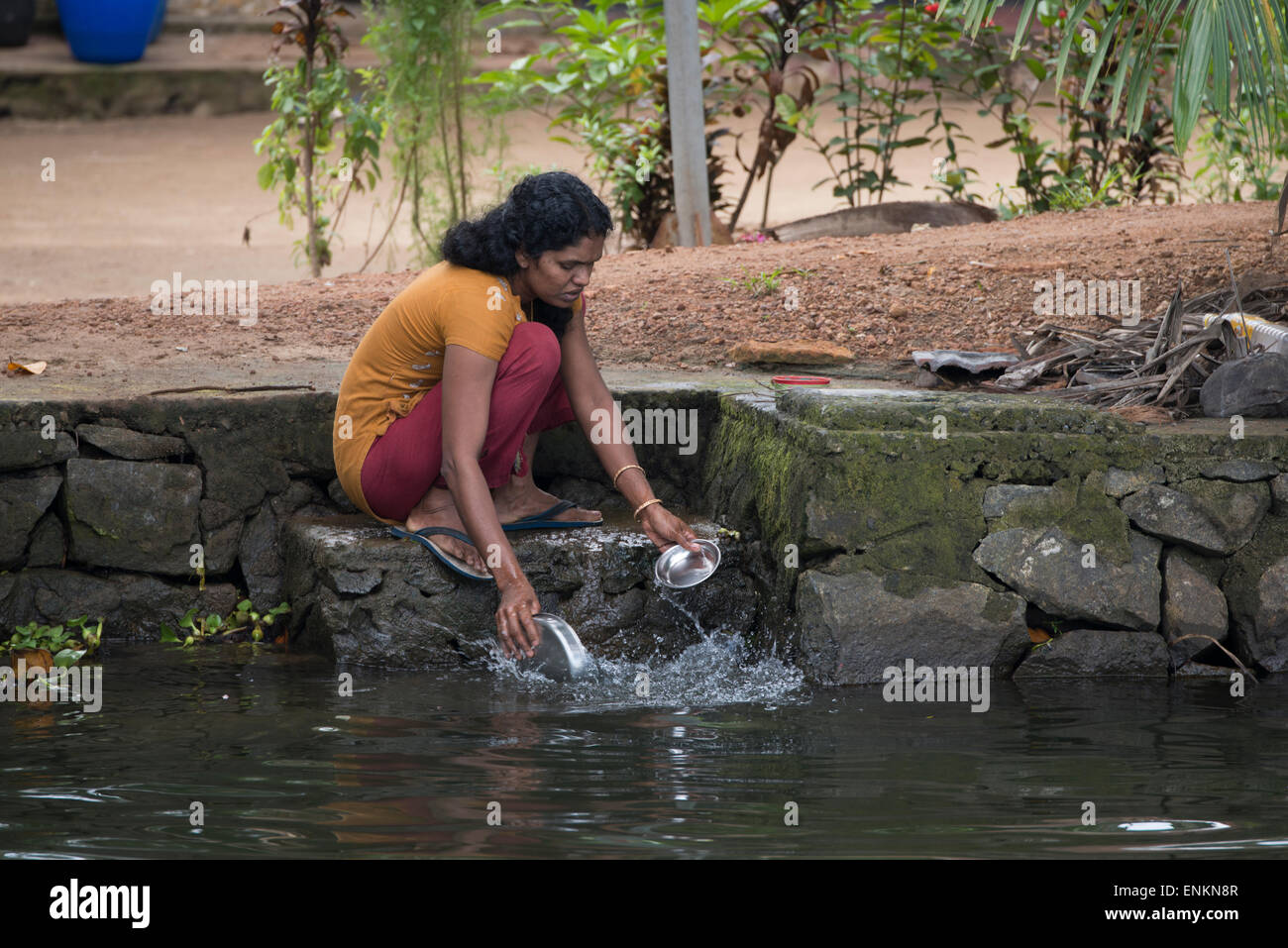 India, Kerala, Alleppey. Backwater canals of Kerala in the area of Kumarakom, known as the 'Venice of the East'. Washing dishes Stock Photo