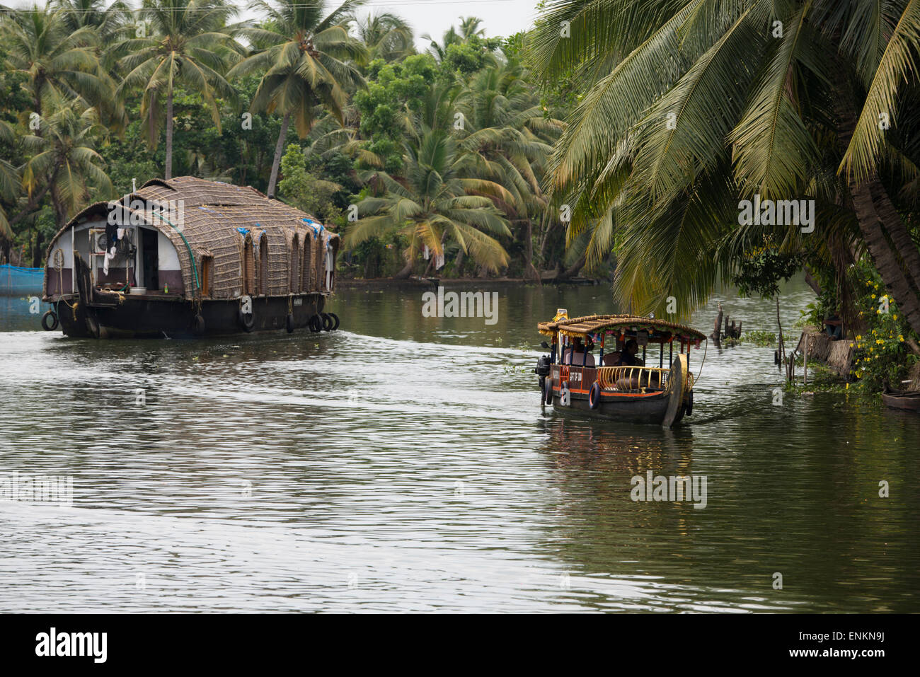 India, Kerala, Alleppey. Backwater canals of Kerala in the area of Kumarakom, known as the 'Venice of the East'. Houseboats. Stock Photo