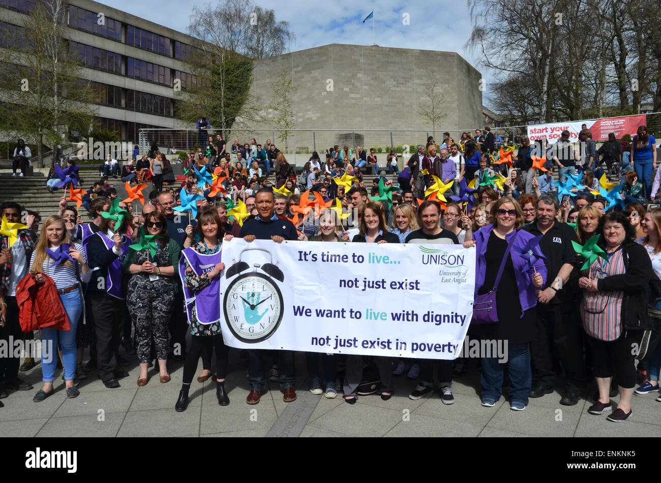 UNISON Living Wage protest on UEA campus, with Norwich South Labour candidate Clive Lewis, April 2015 Stock Photo