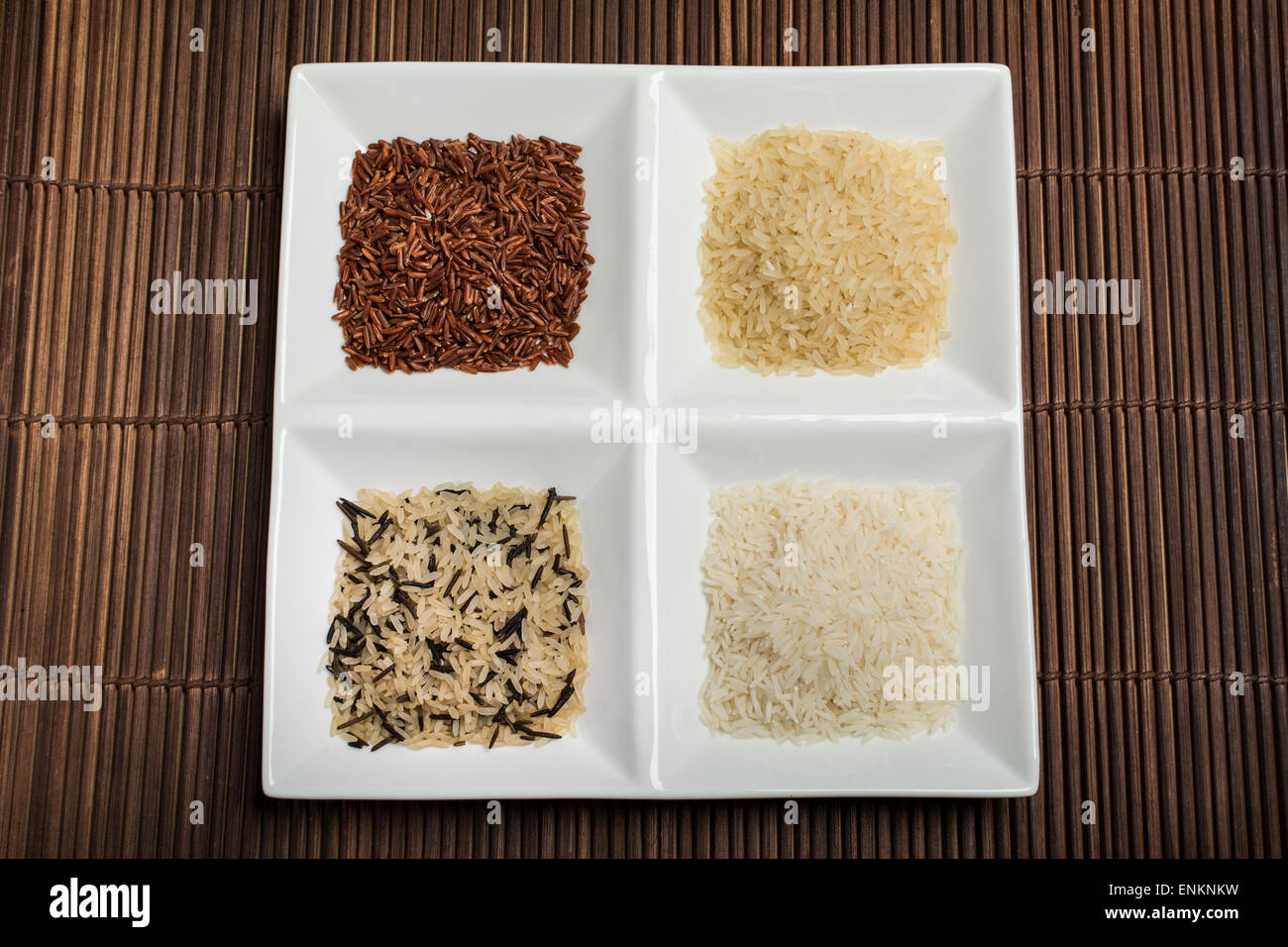 Four types of rice red, basmati, long grain with wild, and long grain