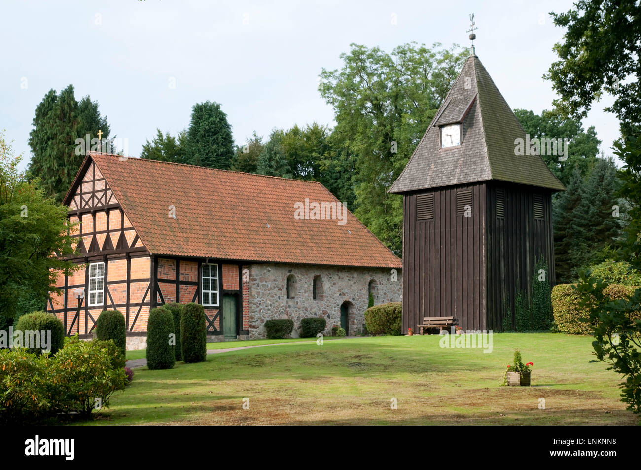 church undeloh, moorland Lueneburger Heide near Wilsede, Lower Saxony, Germany Stock Photo