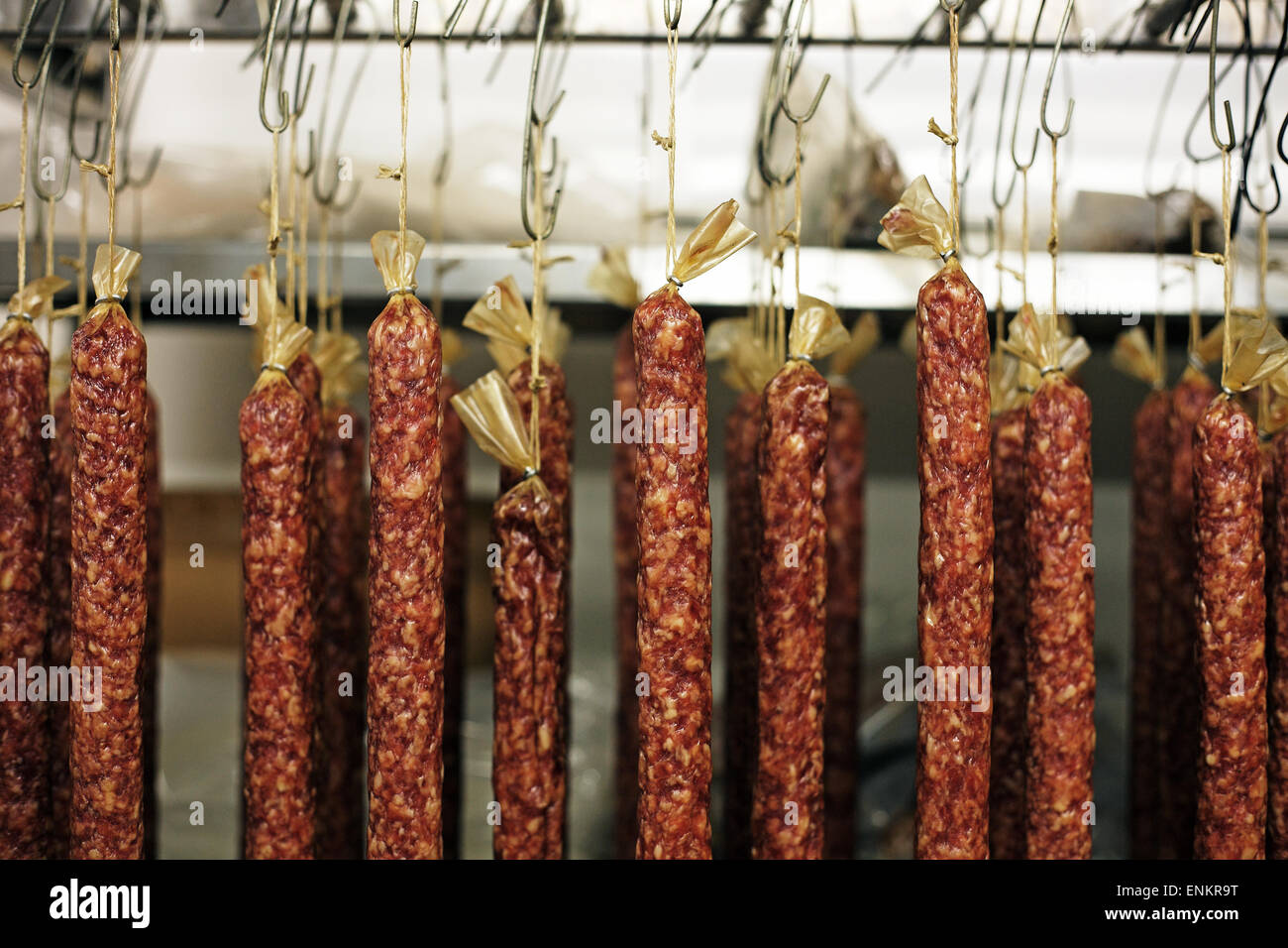 Salami hanging to cure. Stock Photo