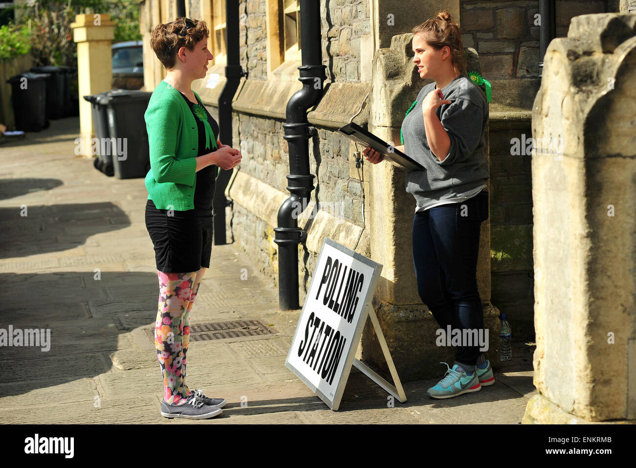 Bristol, UK. 7th May, 2015. Carla Denyer (left) the local Green Party candidate for Clifton East stands with Polling District Coordinator Sophia Harvey at the St Pauls Church Rooms polling station in Bristol West where polls suggest a close battle between Labour and the Greens. Credit:  Jonny White/Alamy Live News Stock Photo