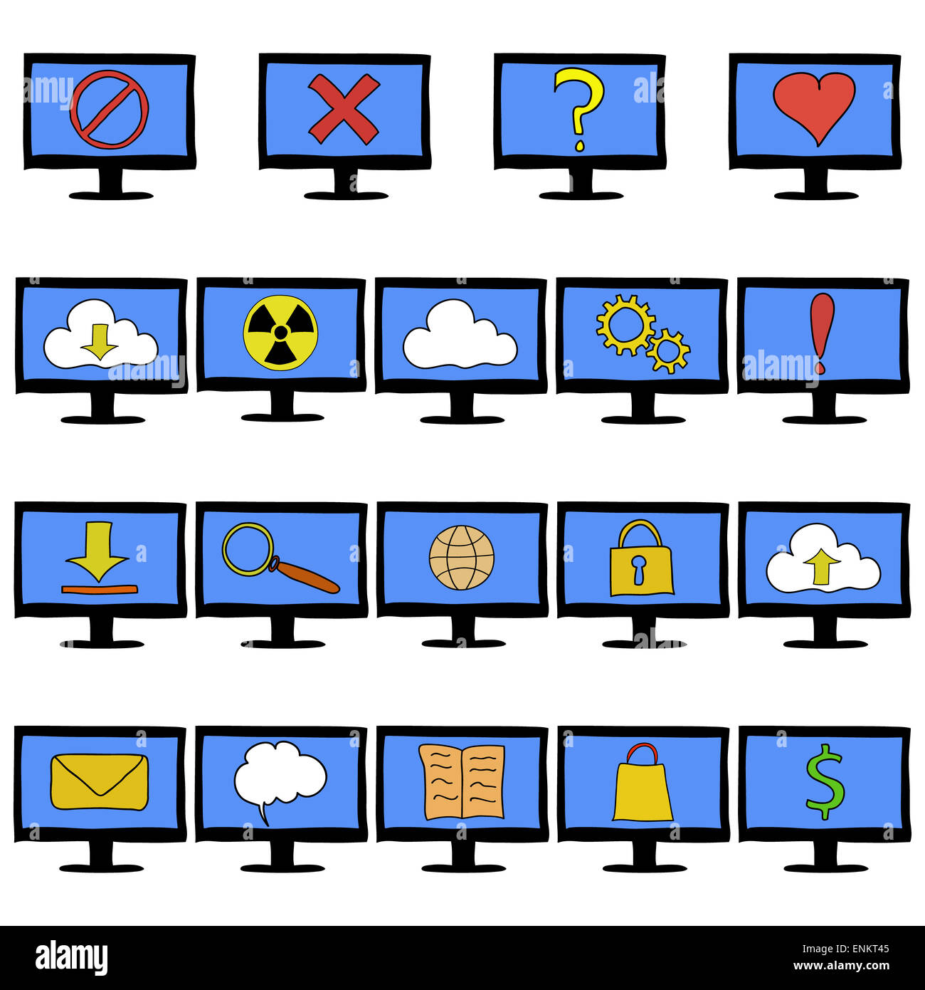 Set of doodle cartoon computer monitors showing different functions ...