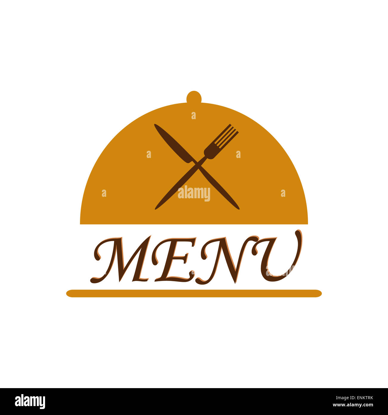 Orange cloche with crossed brown flatware and menu text. Restaurant and