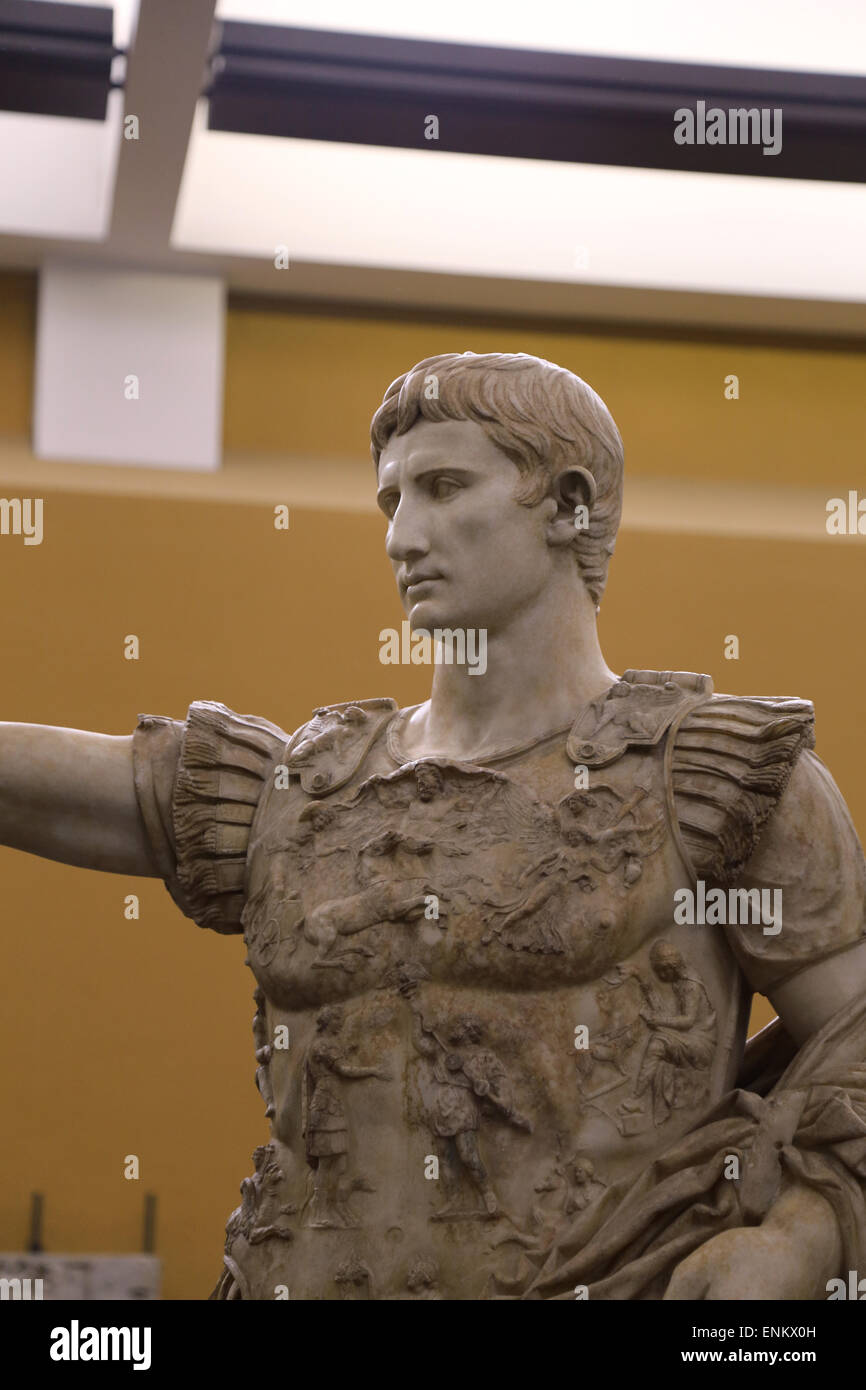 Roman Art. Augustus (61 BC-14 AD). First emperor of the Roman Empire. Marble statue of Augustus of Prima Porta. (1st century). Stock Photo