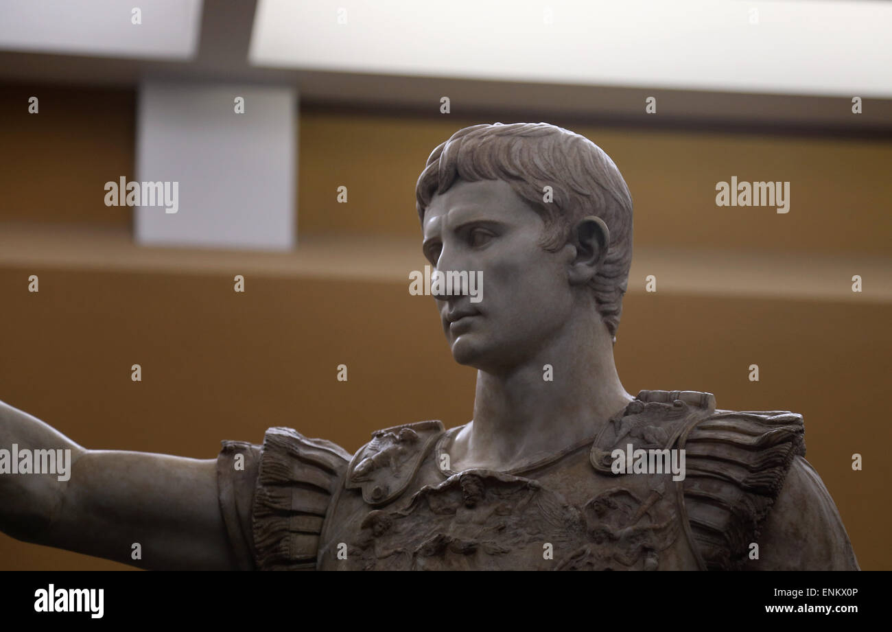 Roman Art. Augustus (61 BC-14 AD). First emperor of the Roman Empire. Marble statue of Augustus of Prima Porta. (1st century). Stock Photo