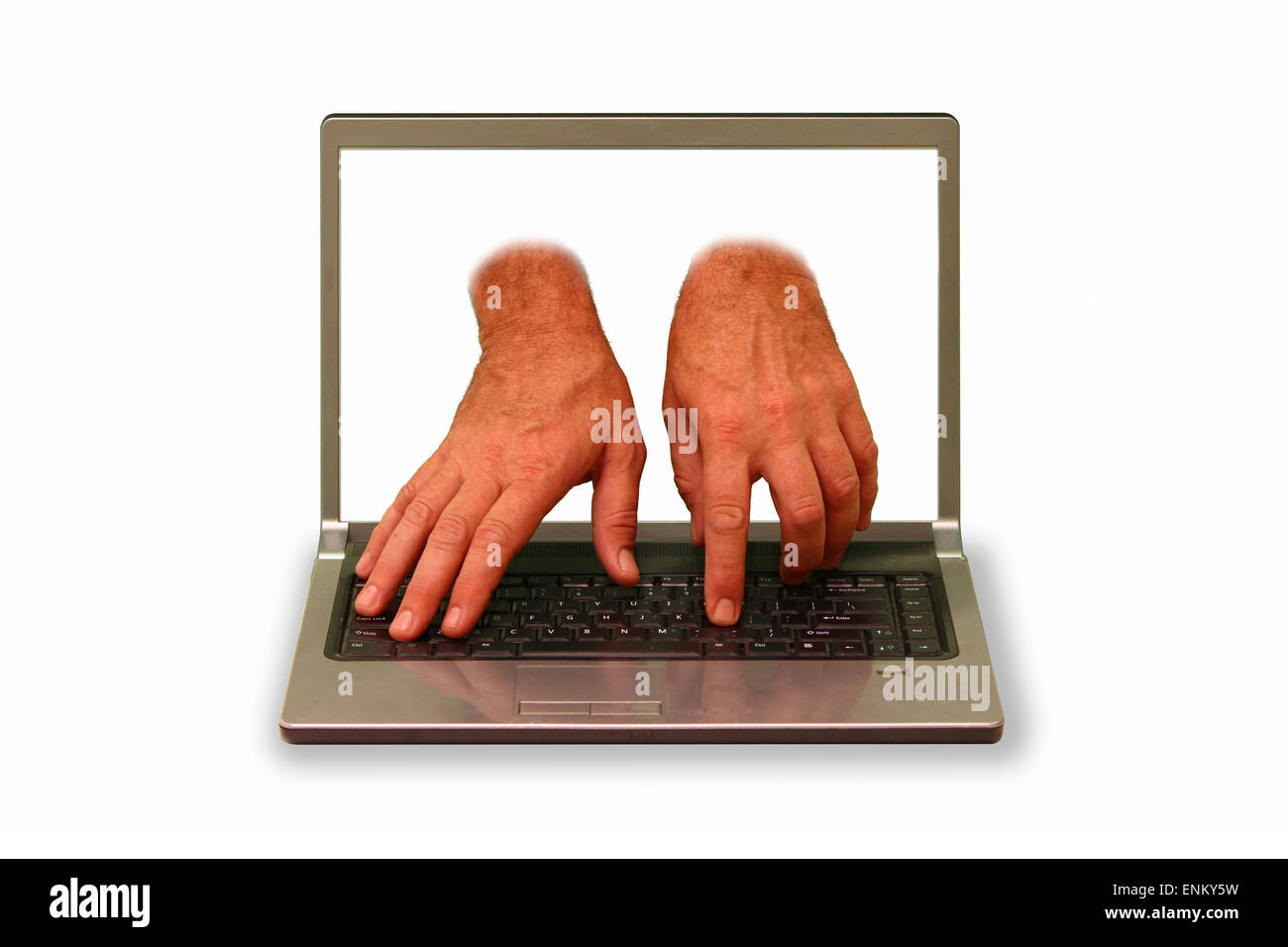 Close-up of hands reaching out of laptop display and pressing laptop ...