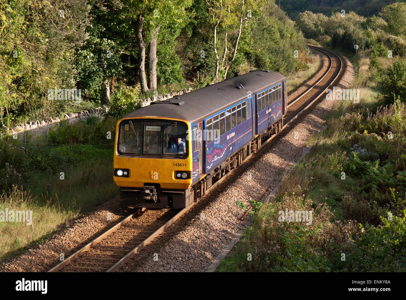 a Great Western Railway local Pacer train service on the Severn Beach Line passing through the Avon Gorge at Sea Mills.a UK Stock Photo
