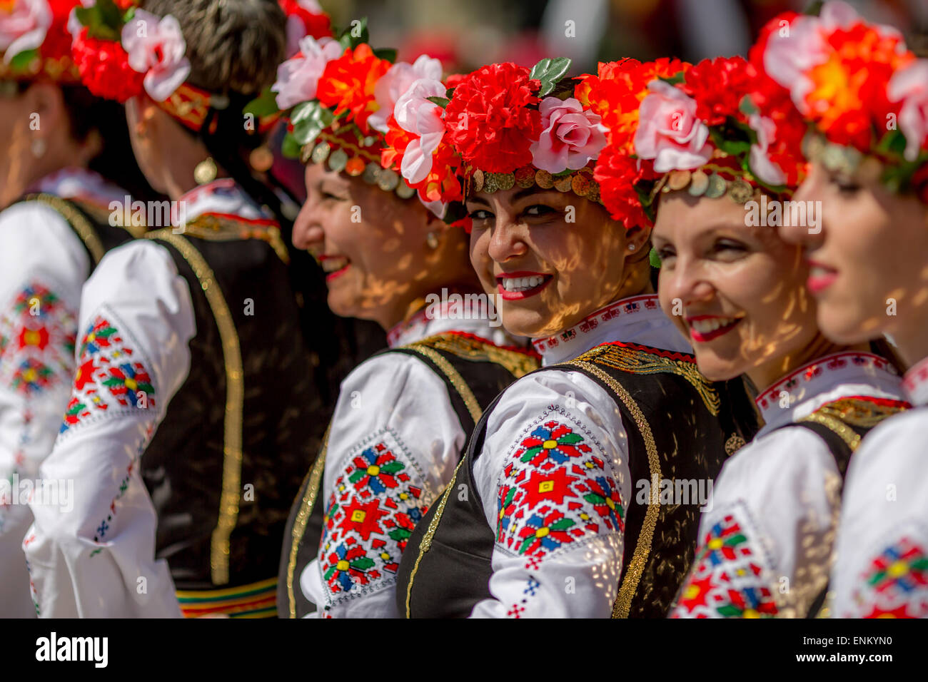 A group of Bulgarian female folklore dancers during a festival in ...