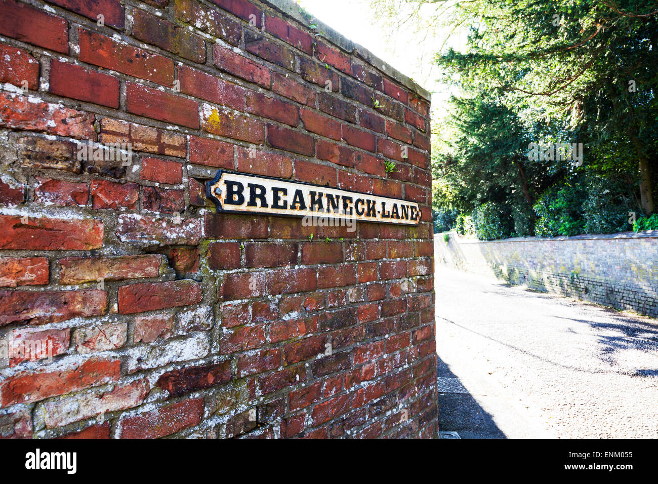 weird strange unusual funny amusing road street name sign signs 'Breakneck Lane' Louth Lincolnshire UK England Stock Photo