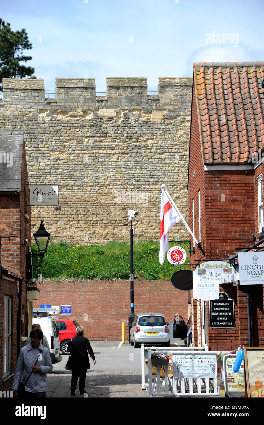 North wall of Lincoln Castle looking down Gordon Street from Bailgate. Stock Photo