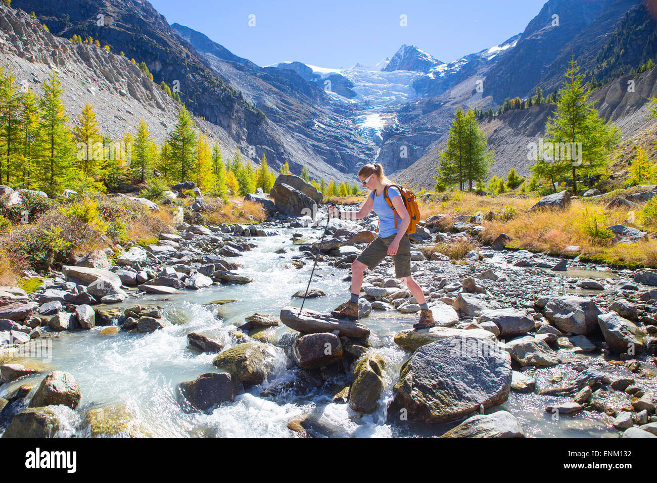 A female hiker is crossing a glacier stream in the Swiss Alps Stock ...