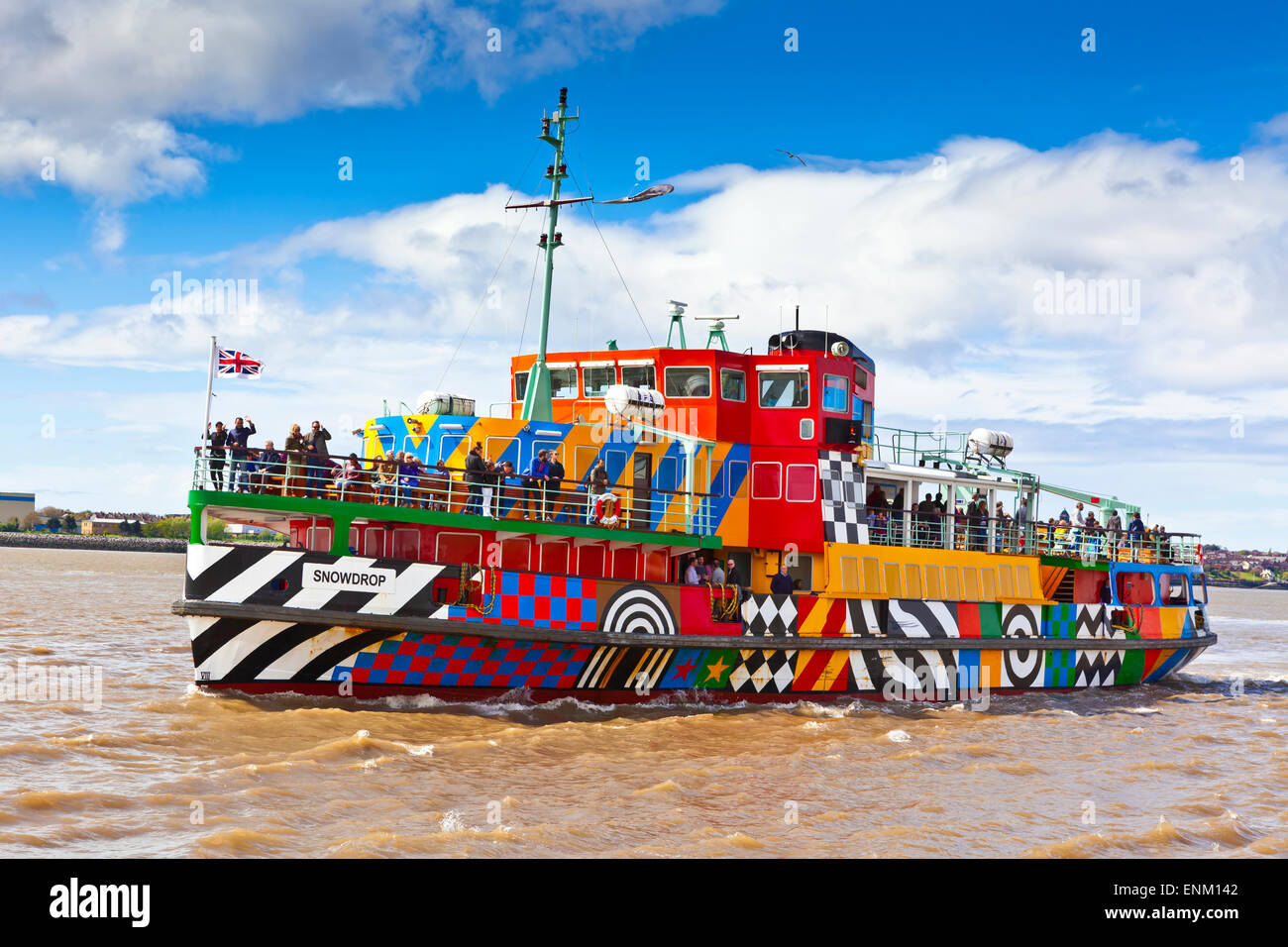The Mersey ferry Snowdrop with its new ‘dazzle’ paintjob created by Sir Peter Blake in homage to the 1st World War's camouflage. Stock Photo