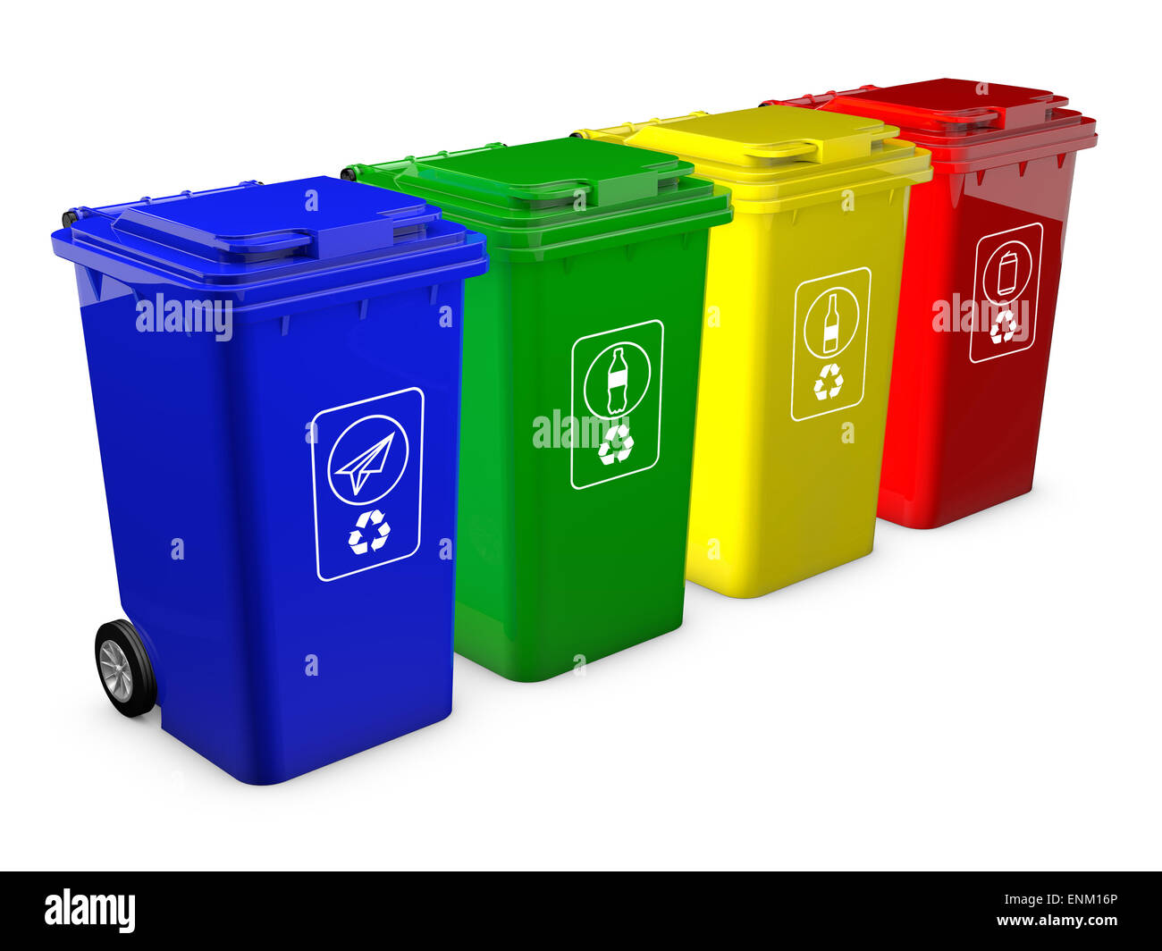 Colorful recycle bins isolated on white background. 3D illustration