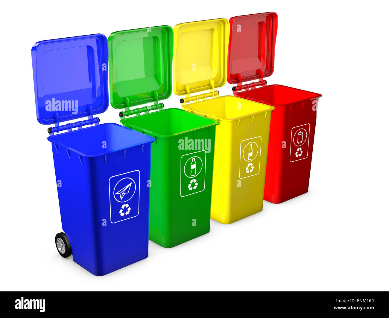 Colorful recycle bins isolated on white background. 3D illustration