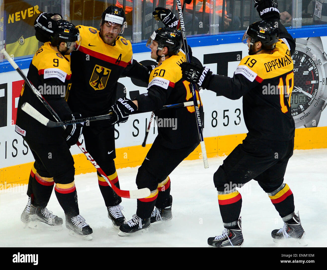 Prague, Czech Republic. 7th May, 2015. Second from left German forward Marcus Kink celebrates with his teammates goal during the Ice Hockey World Championship Group A match Sweden vs Germany in Prague, Czech Republic, May 7, 2015. © Roman Vondrous/CTK Photo/Alamy Live News Stock Photo