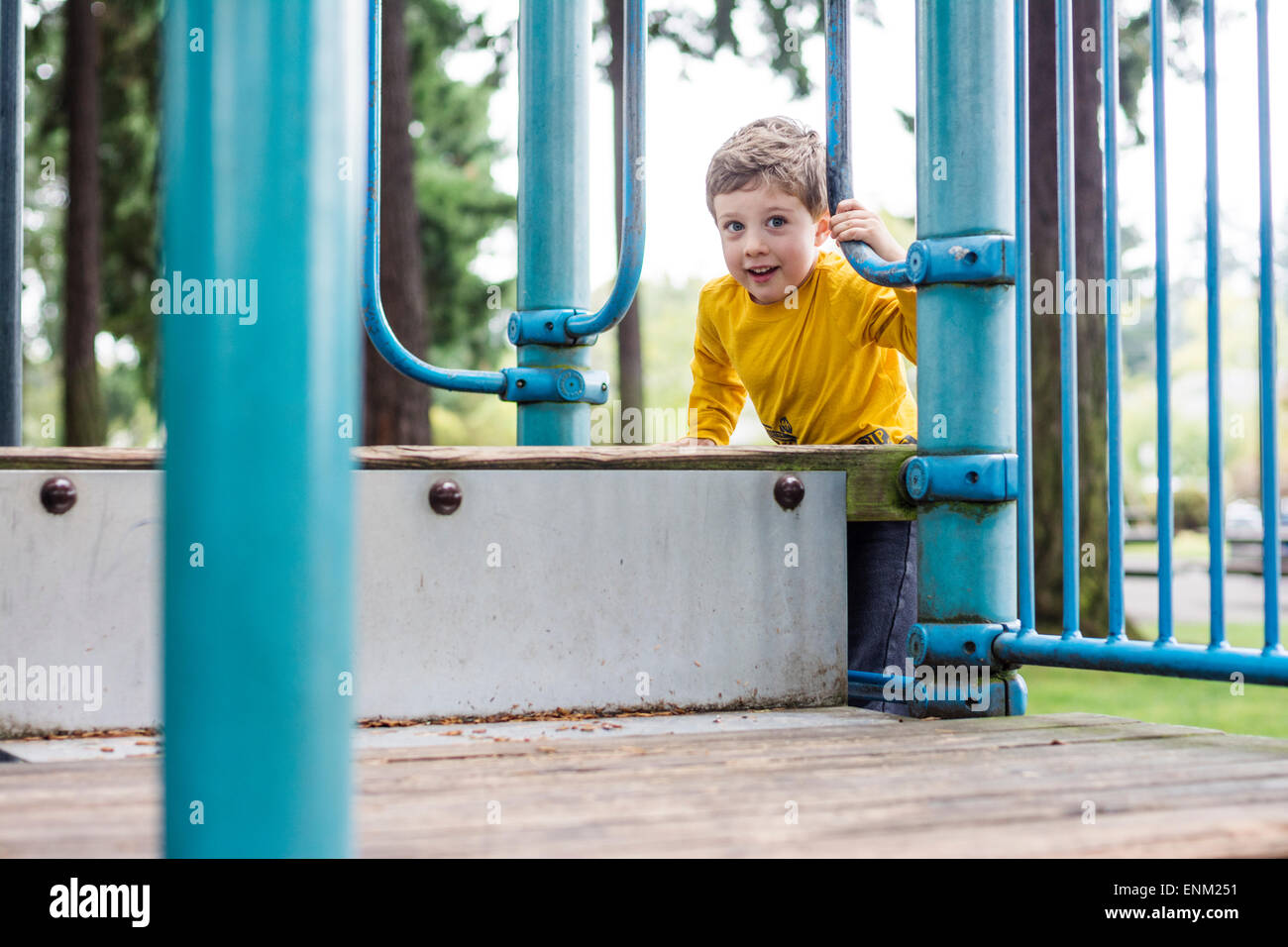 Toddler boy successfully climbs to top of play structure at playground in Portland, Oregon. Stock Photo