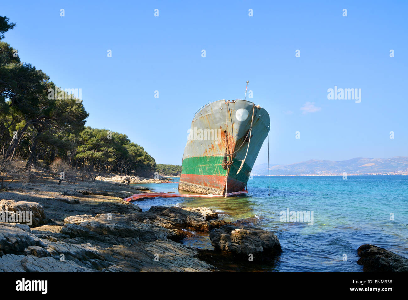 old cargo boat stranded on the rocks in croatia Stock Photo