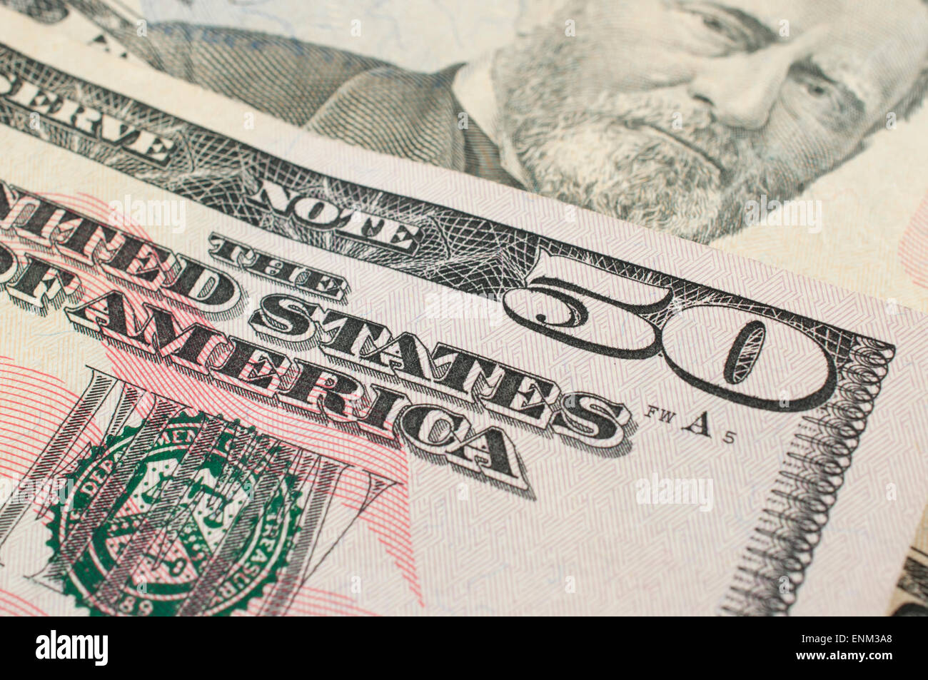 Macro detail of a 50 dollar bill Stock Photo