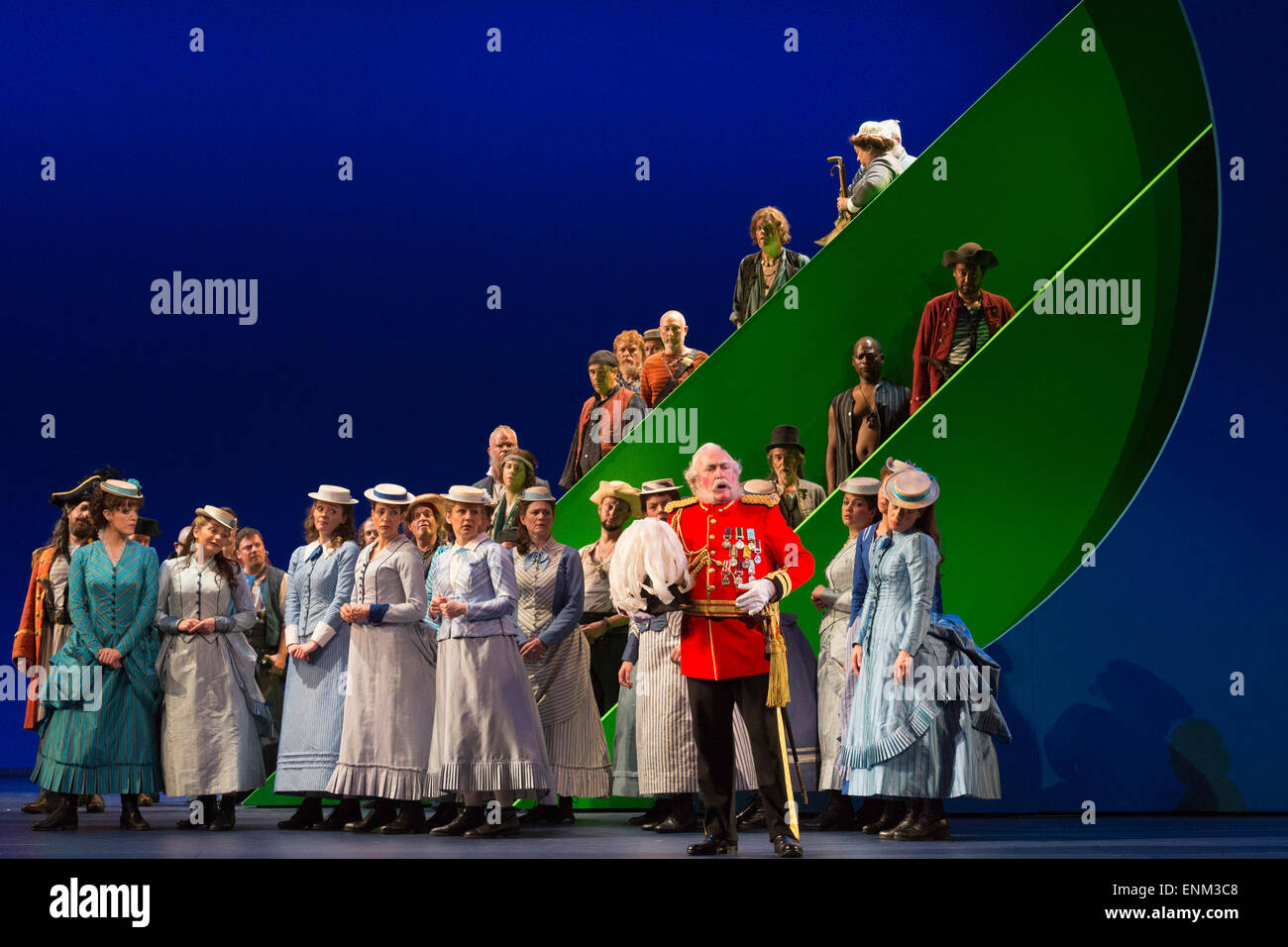 London, UK. 7 May 2015. Dress rehearsal of the Gilbert and Sullivan comic opera 'The Pirates of Penzance' at the London Coliseum. Award winning director Mike Leigh makes his operatic directing debut with The Pirates of Penzance. The ENO production opens at the London Coliseum on 9 May 2015 and runs for 14 productions until 27 June 2015. The English National Opera production is conducted by David Parry. Cast: Andrew Shore as Major-General Stanley, Joshua Bloom as The Pirate King, Alexander Robin Baker as Samuel, Robert Murray as Frederic, the Pirate Apprentice, Jonathan Lemalu as Sergeant of th Stock Photo