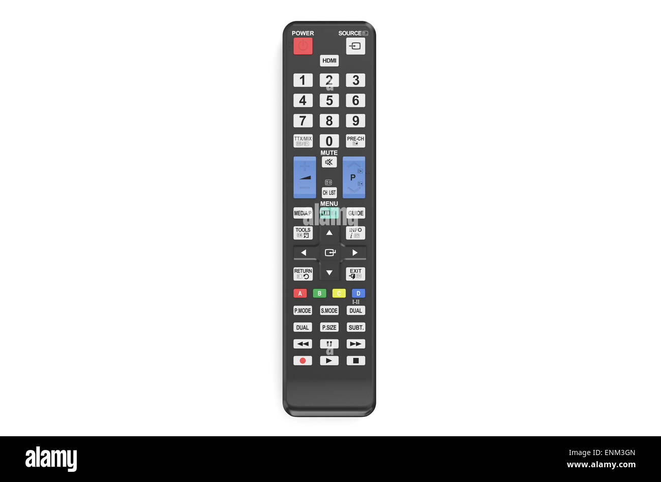 black TV remote control isolated on  white background Stock Photo
